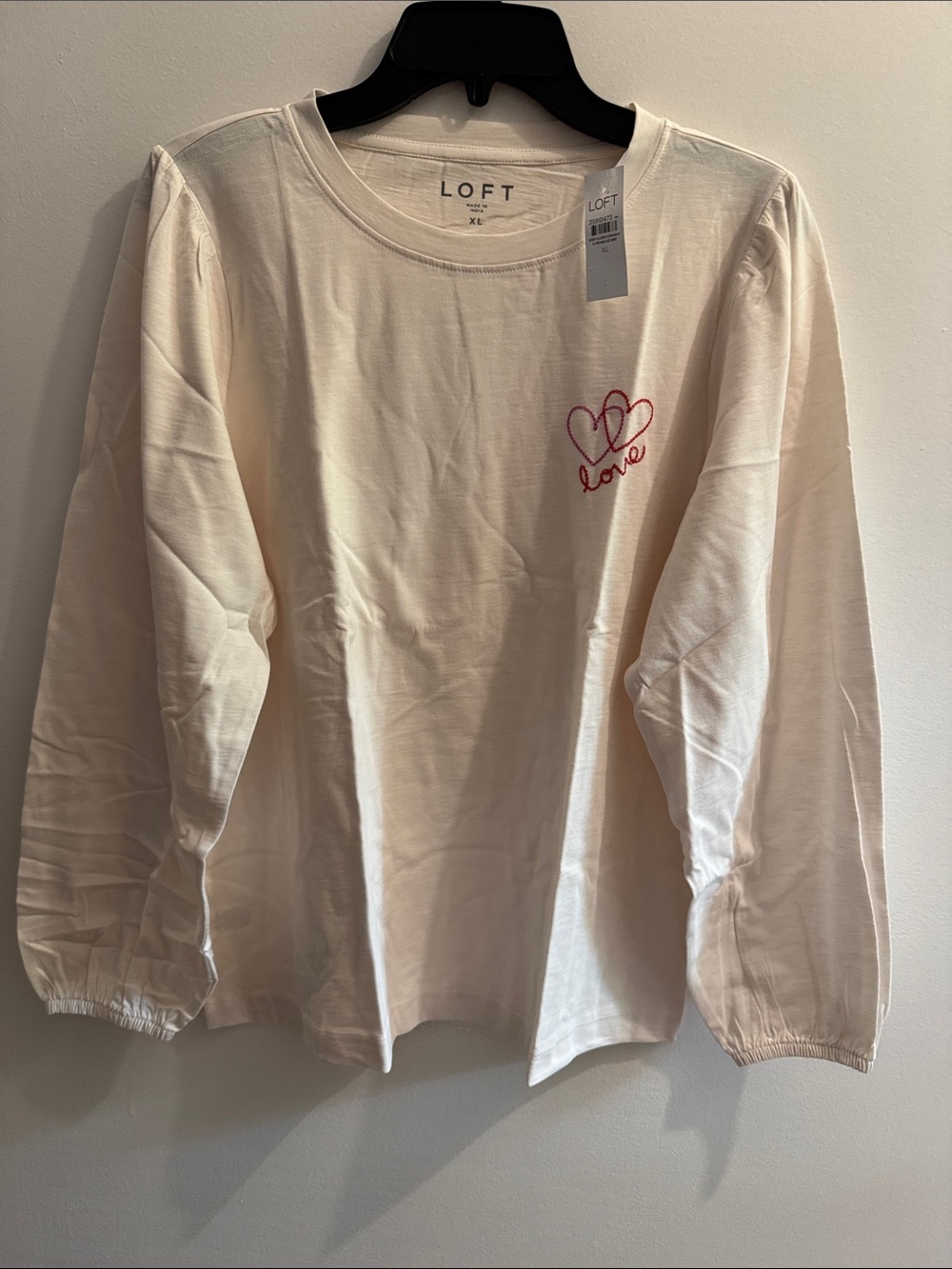 LOFT Kids Cream Long-Sleeve Tee with Red Heart & Love Embroidery
